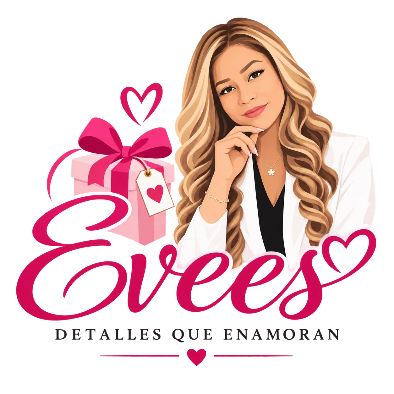 Evees Detalles que Enamoran: logo con Tatiana, una caja de regalo y un corazón